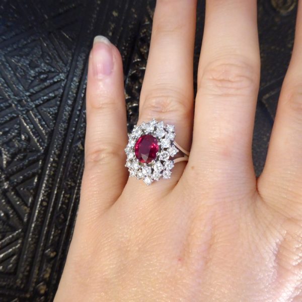 1.80ct No Heat Ruby and Diamond Double Cluster Ring
