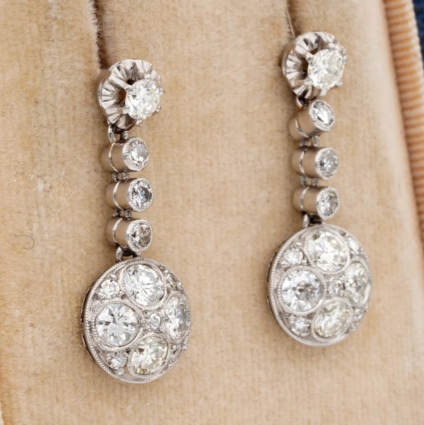 Antique Art Deco Old Cut Diamond Drop Earrings, 2.40 carat total