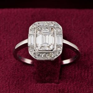 Art Deco 1.20ct Emerald Cut Diamond Cluster Engagement Ring