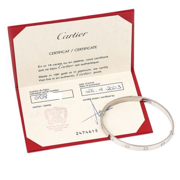 Vintage Cartier 18ct White Gold Love Bangle Bracelet with original receipt