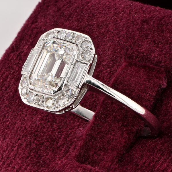 Art Deco 1.20ct Emerald Cut Diamond Cluster Engagement Ring in Platinum
