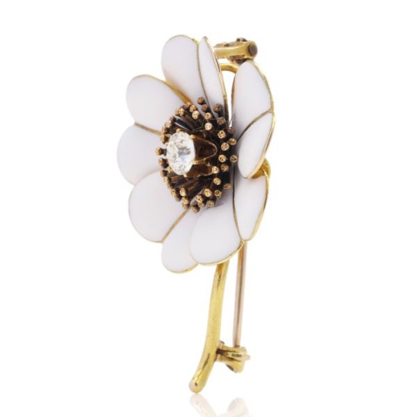 Antique Edwardian 18ct Yellow Gold and White Enamel Flower Brooch with 0.40ct Old European Cut Diamond