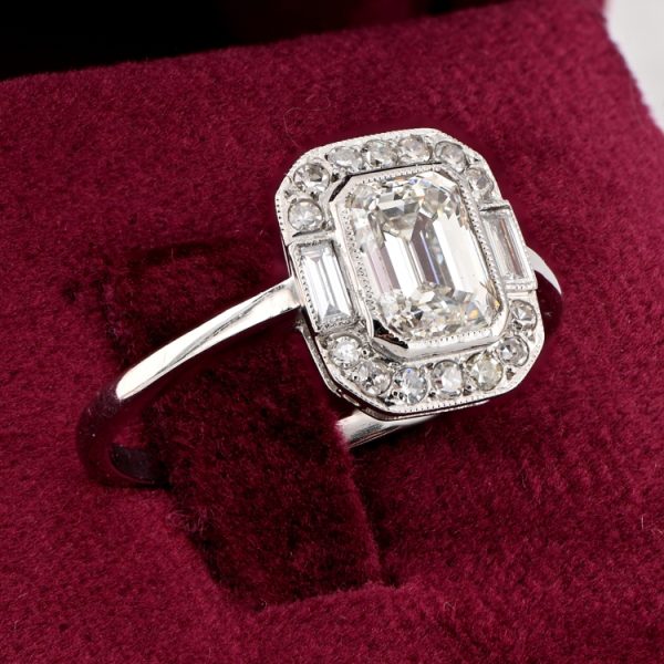 Art Deco 1.20ct Emerald Cut Diamond Cluster Engagement Ring in Platinum