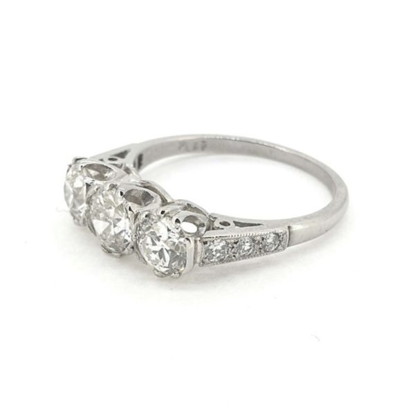 Old Cut Diamond Three Stone Engagement Ring in Platinum, 1.80 carat total