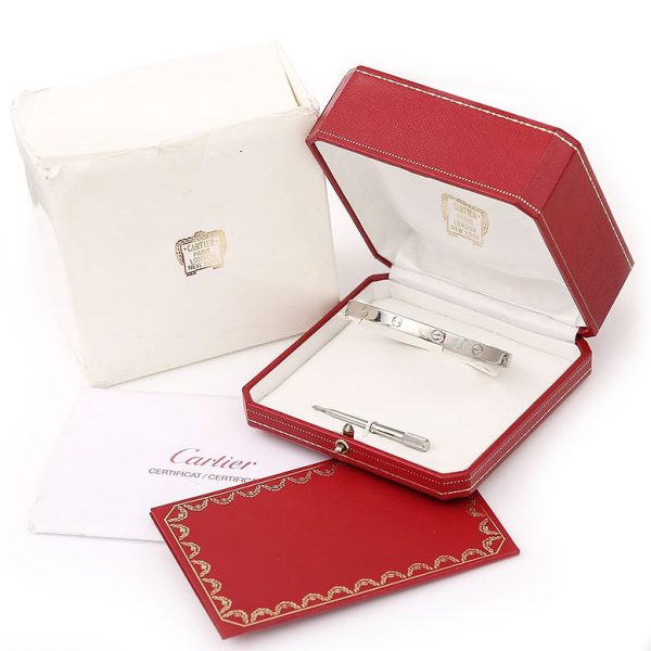 Vintage Cartier 18ct White Gold Love Bangle Bracelet (size 21) with original box, screwdriver and Cartier receipt.