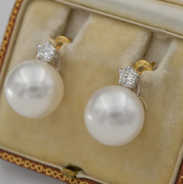 14.5mm South Sea Pearl Earrings with Single Stone Diamond Solitaire Stud Tops, 0.60 carat total