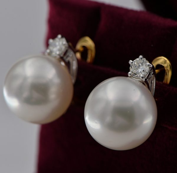 14.5mm South Sea Pearl Earrings with Single Stone Diamond Solitaire Stud Tops, 0.60 carats