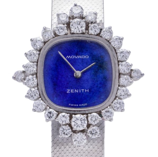 Zenith Movado 18ct White Gold Manual Watch with Lapis Lazuli Dial and Diamond Bezel, 2.14 carats
