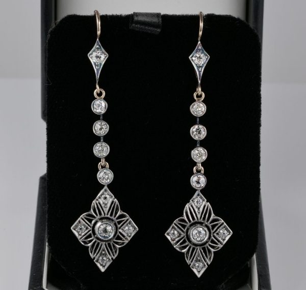 Antique Art Nouveau 2.90ct Old Mine Cut Diamond Drop Earrings