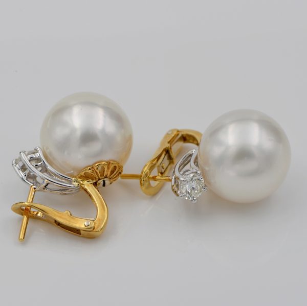 14.5mm South Sea Pearl Earrings with Single Stone Diamond Solitaire Stud Tops, 0.60 carats