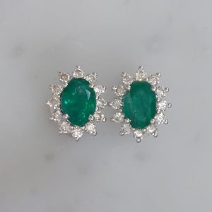 1.61ct Oval Emerald and Diamond Floral Cluster Earrings