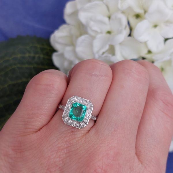 Antique emerald and diamond cluster ring platinum sqaure
