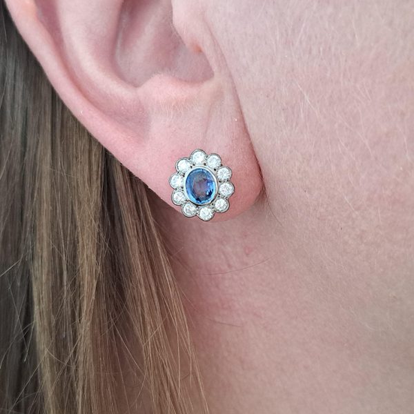 1.50ct Oval Sapphire and Diamond Floral Cluster Earrings