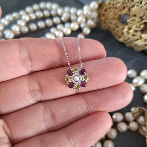 Amethyst Pearl and Diamond Cluster Pendant Necklace