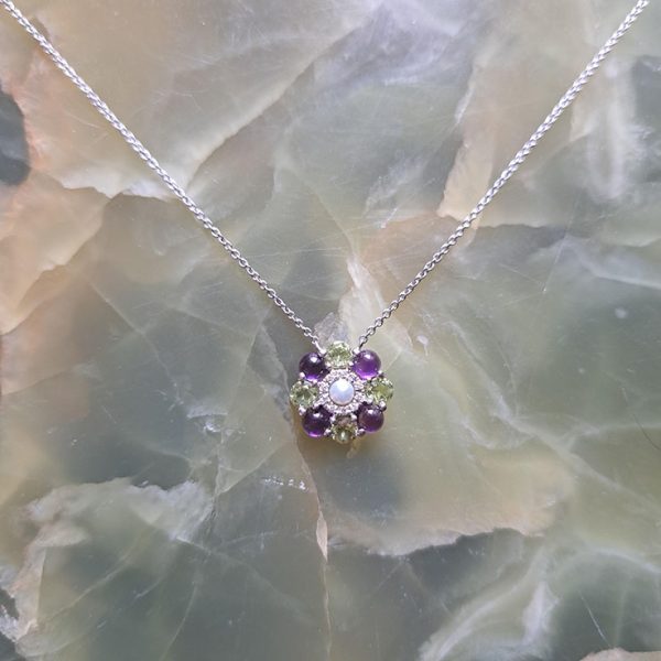 Amethyst Pearl and Diamond Cluster Pendant Necklace