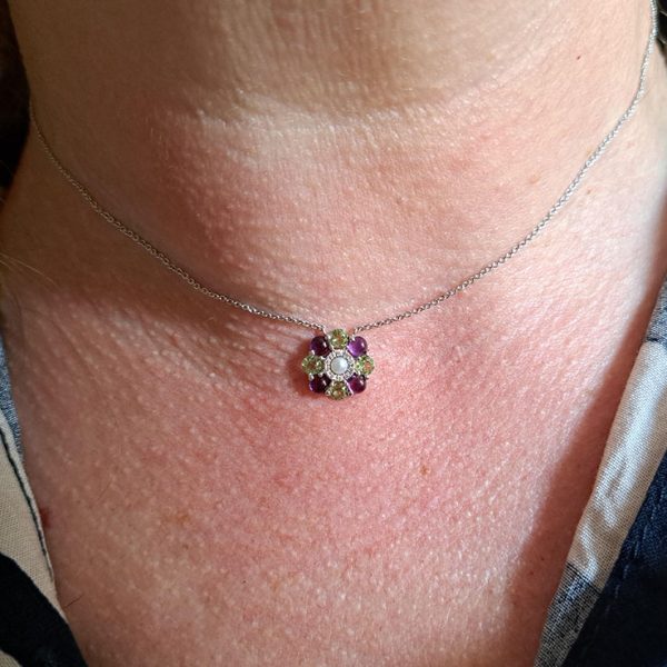 Amethyst Pearl and Diamond Cluster Pendant Necklace