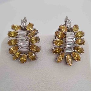 Vintage Yellow and White Diamond Cluster Clip Earrings