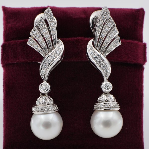 Glamorous Vintage Pearl and Diamond Spray Drop Earrings