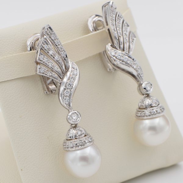 Vintage Pearl and Diamond Spray Drop Earrings