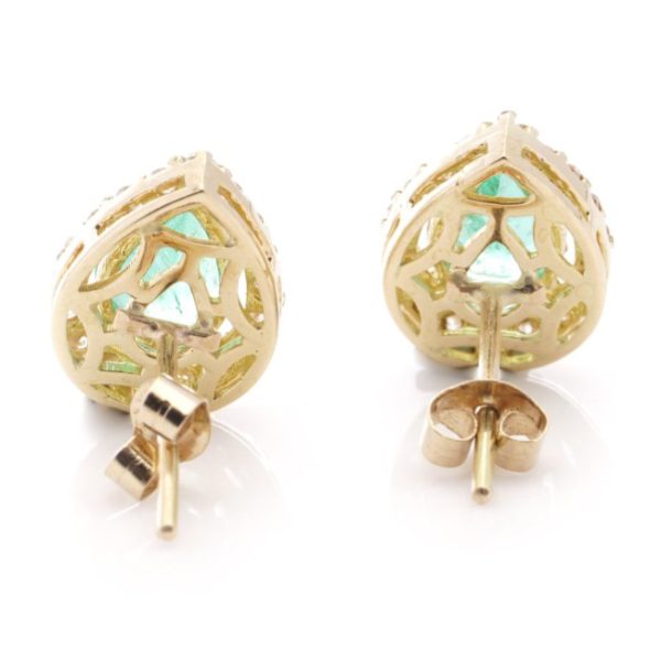 Vintage 1.40ct Emerald and Diamond Pear Shaped Cluster Earrings in 18ct Yellow Gold