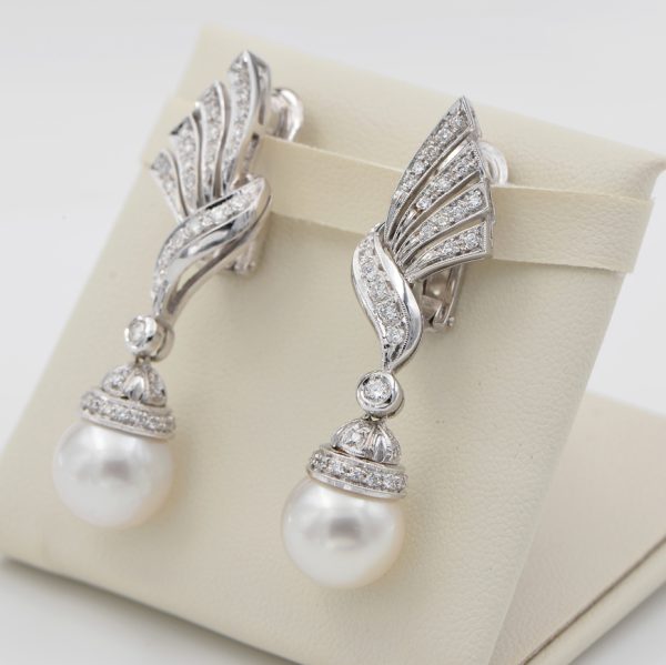 Vintage 1960s Pearl and 2.40ct Diamond Spray Drop Earrings