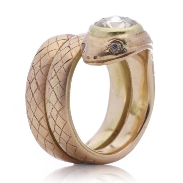 Antique 18ct Yellow Gold Coiled Snake Ring with 1.90ct Rose Cut Diamond