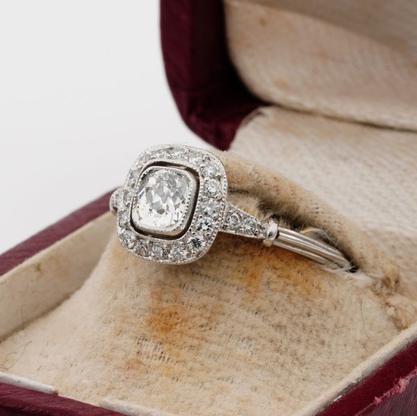 Cushion Old Mine Cut Diamond Cluster Engagement Ring in Platinum, 1.00 carat total