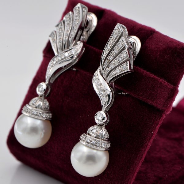 Vintage 1960s Pearl and 2.40ct Diamond Spray Drop Earrings