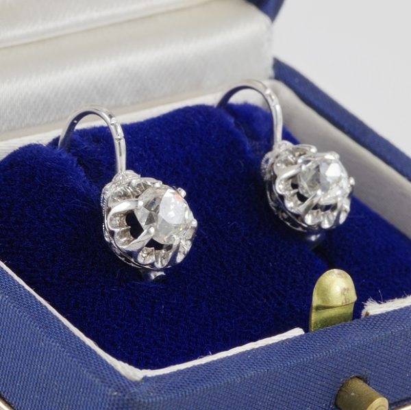Art Deco 1.60ct Old Mine Cut Diamond Solitaire Drop Earrings