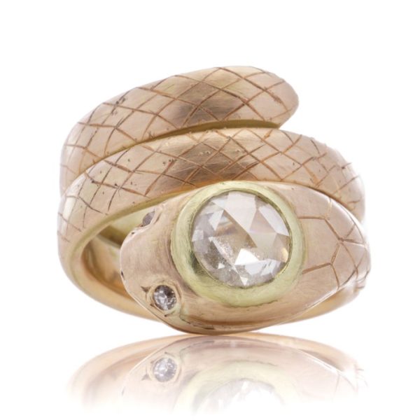Antique 18ct Yellow Gold Coiled Snake Ring with 1.90ct Rose Cut Diamond Head and Old Cut Diamond Eyes