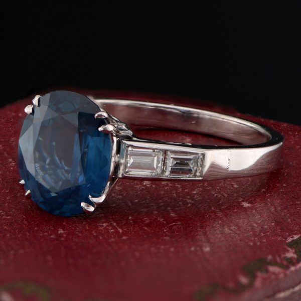 Certified 3.31ct Natural No Heat Sapphire Solitaire Engagement Ring with Baguette Diamond Shoulders