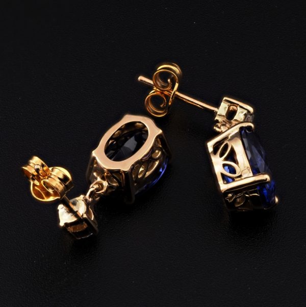 7.50ct Oval Tanzanite and Diamond Drop Earrings in 18ct Yellow Gold