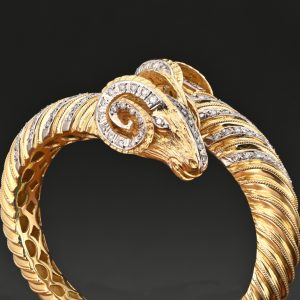 Vintage Italian Diamond and Gold Double Rams Head Bangle Bracelet
