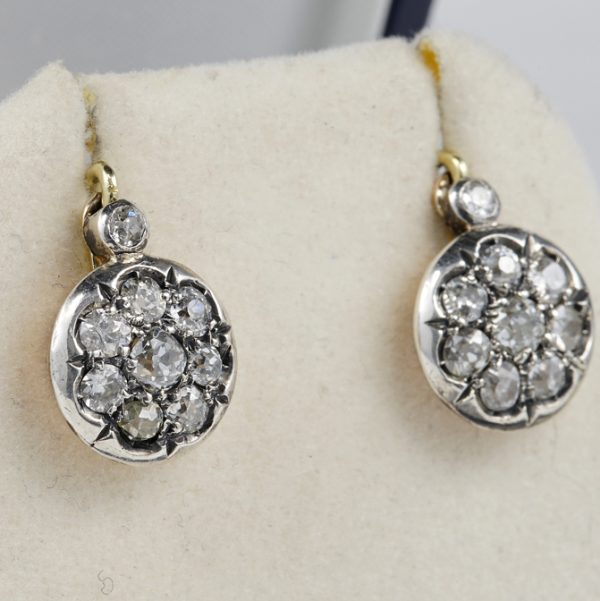 Victorian Antique 1.80ct Old Mine Cut Diamond Cluster Drop Earrings