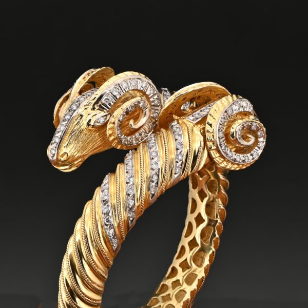 Vintage Italian Etruscan Style Gold Double Rams Head Bangle Bracelet with 2.30cts Diamonds