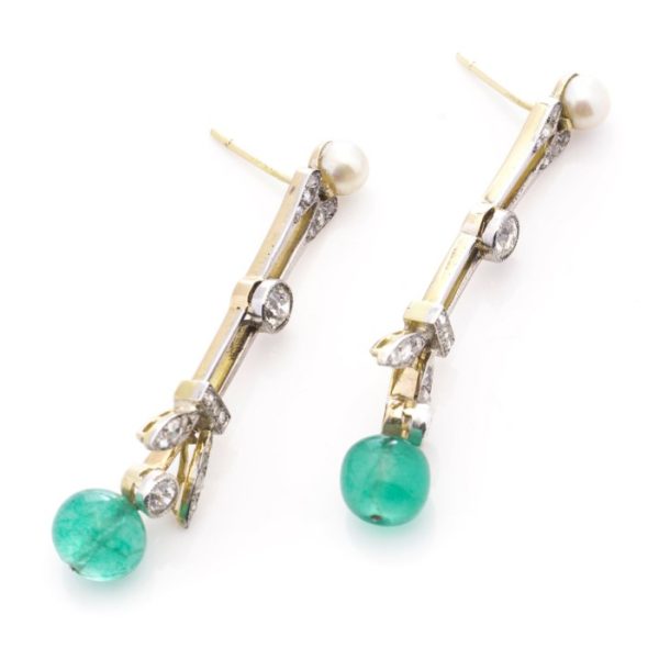Edwardian Antique Emerald Pearl Diamond Drop Earrings, 1.70 carats