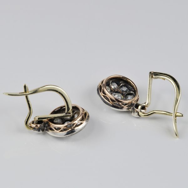 Victorian Antique 1.80ct Old Mine Cut Diamond Circular Cluster Drop Earrings