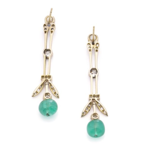 Edwardian Antique Emerald Pearl Diamond Drop Earrings, 1.70 carats