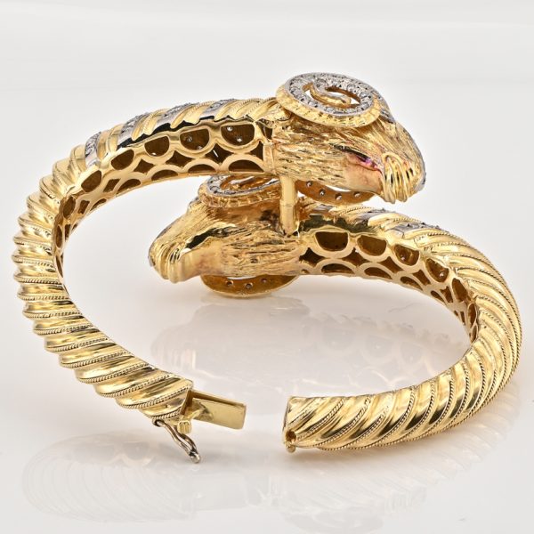 Vintage Italian Diamond and Gold Double Rams Head Bangle Bracelet