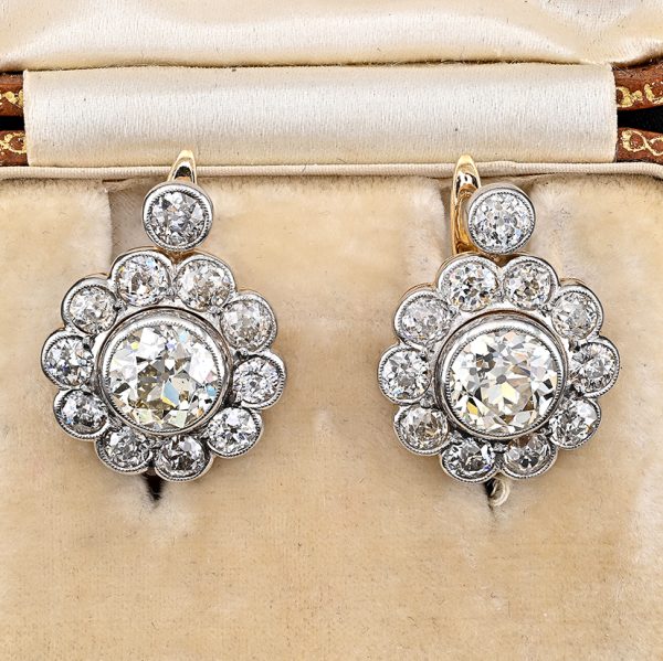 Edwardian Antique Diamond Cluster Drop Earrings, 6.40 carat total