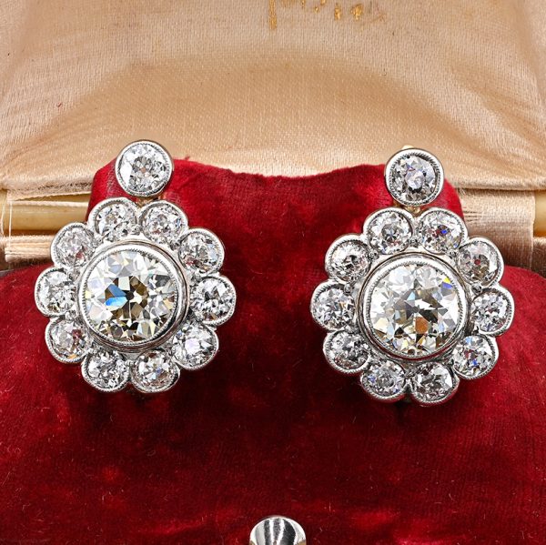 Edwardian Antique 6.40ct Diamond Cluster Drop Earrings