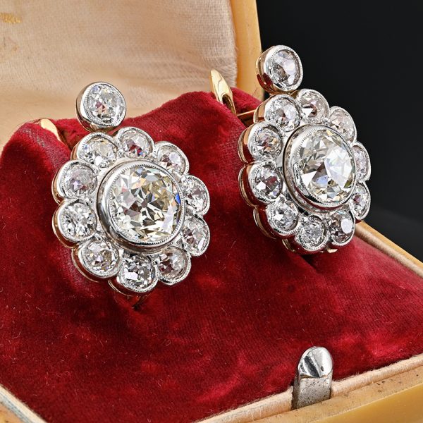 Edwardian Antique 6.40ct Old Cut Diamond Cluster Drop Earrings
