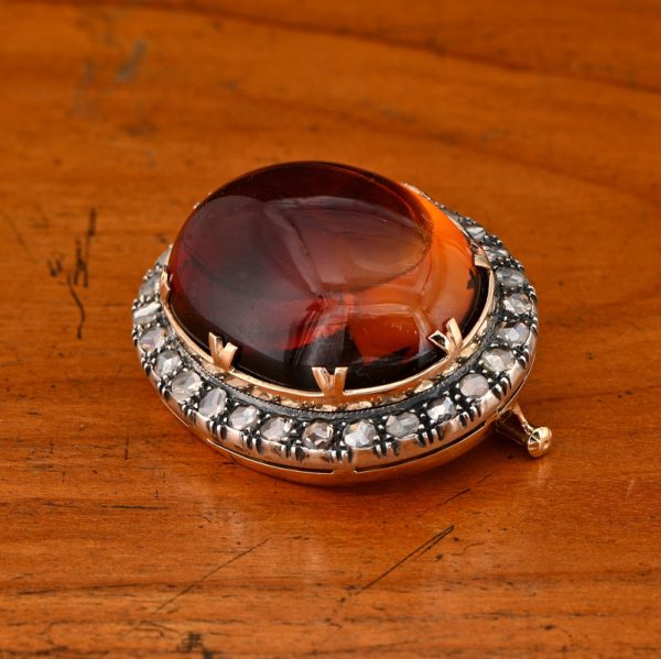 Antique 30ct Cabochon Cut Natural Baltic Amber and 2.30ct Rose Cut Diamond Cluster Brooch
