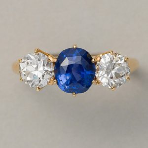Victorian Antique 2.63ct Natural Ceylon Sapphire and Diamond Three Stone Engagement Ring by Bailey Banks and Biddle
