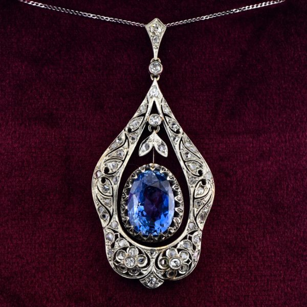 Antique Belle Epoque 7ct Natural No Heat Sapphire and Rose Cut Diamond Pendant