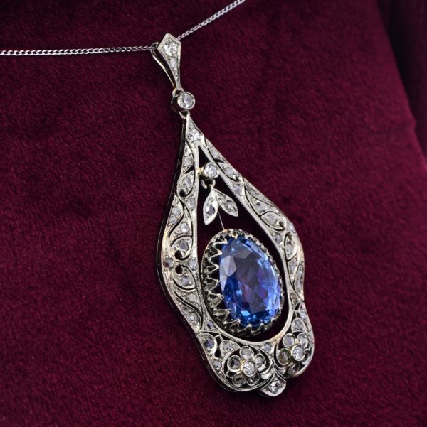 Antique Belle Epoque 7ct Natural No Heat Cornflower Blue Sapphire and Rose Cut Diamond Pendant