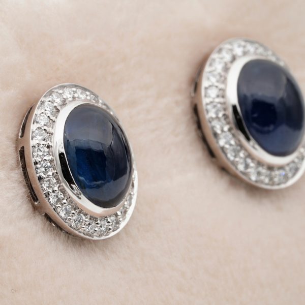 Vintage 6.50ct Natural No Heat Cabochon Sapphire and Diamond Cluster Earrings in Platinum