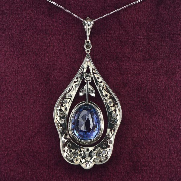 Antique Belle Epoque 7ct Natural No Heat Cornflower Blue Sapphire and Rose Cut Diamond Pendant