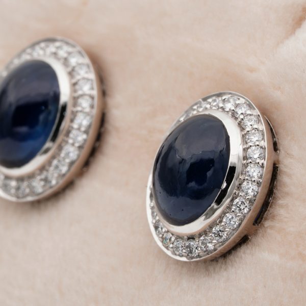 Vintage 6.50ct Natural No Heat Cabochon Sapphire and Diamond Cluster Earrings in Platinum