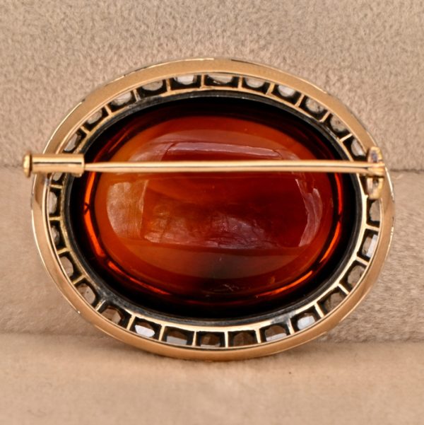 Antique 30ct Cabochon Cut Natural Baltic Amber and 2.30ct Rose Cut Diamond Cluster Brooch in Silver Upon 18ct Yellow Gold